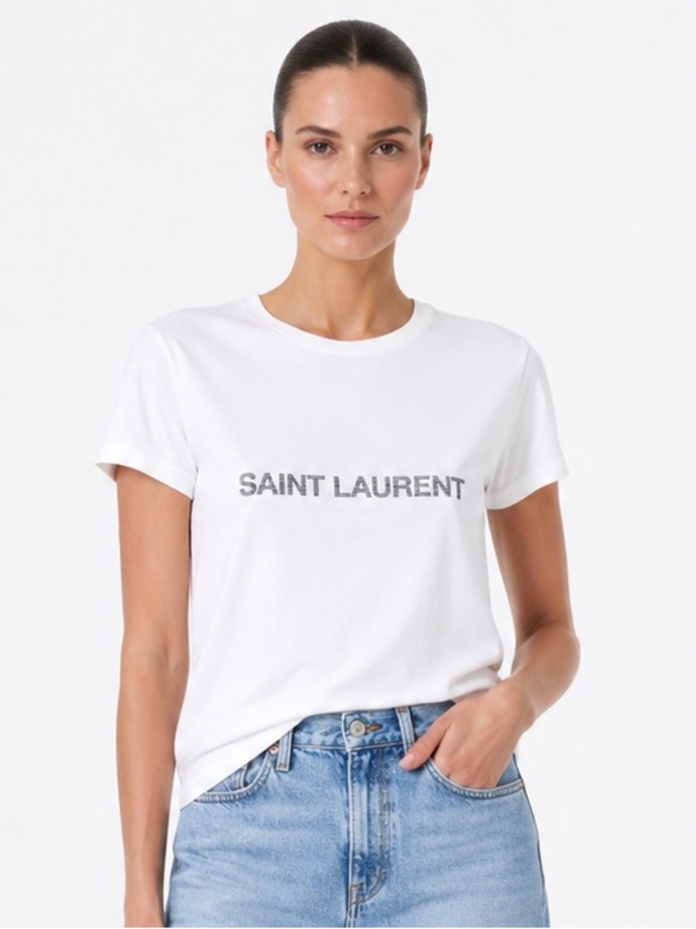 Saint Laurent White Crewneck Tee with Branded print size XL